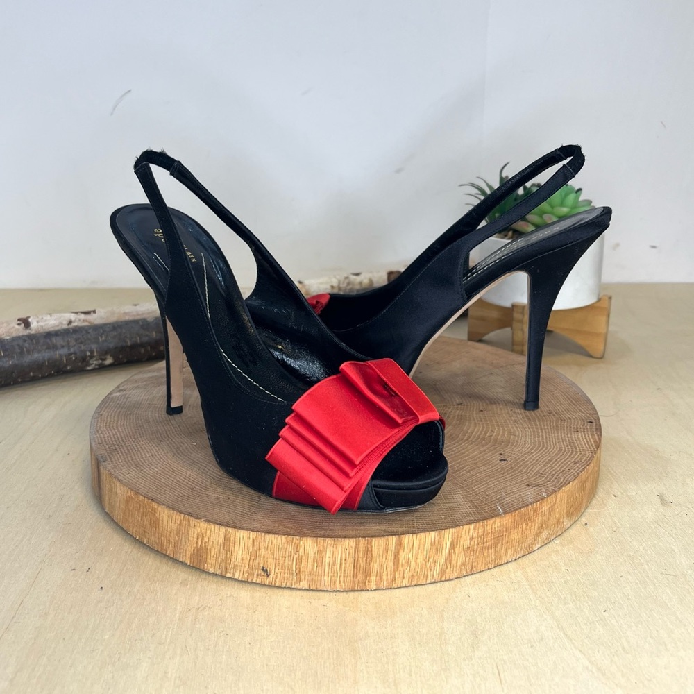 *Kate Spade | Black Satin Slingback Pumps with Red Bow Size 9.5